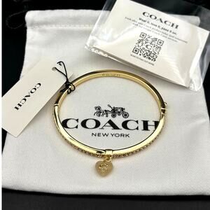 Coach Gold-Tone Stone Heart Charm Bangle Women’s Bracelet NWT Gift Ready